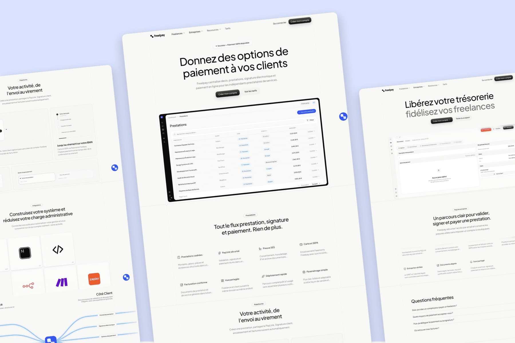 Three angled Freelpay pages showing payments, integrations, and enterprise workflows