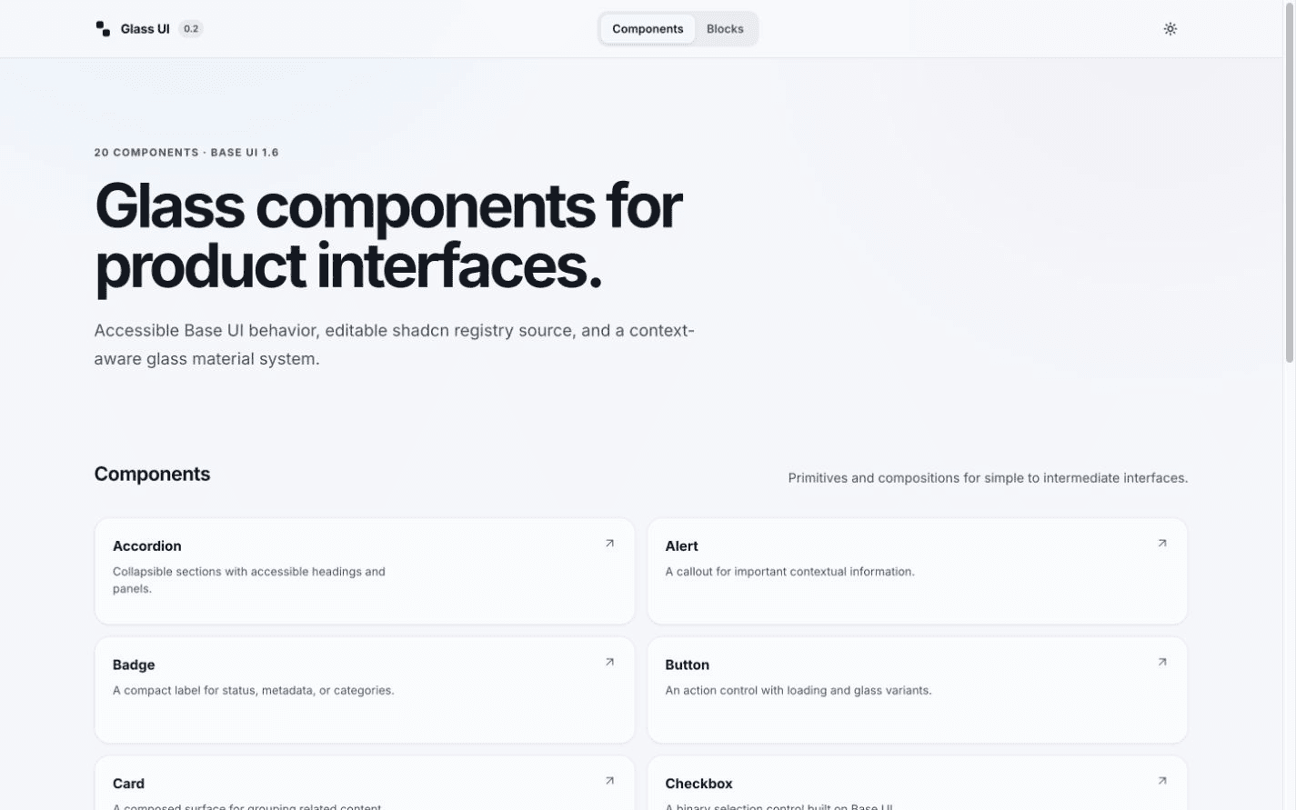 The Glass UI component catalog with its large introduction and glass component cards