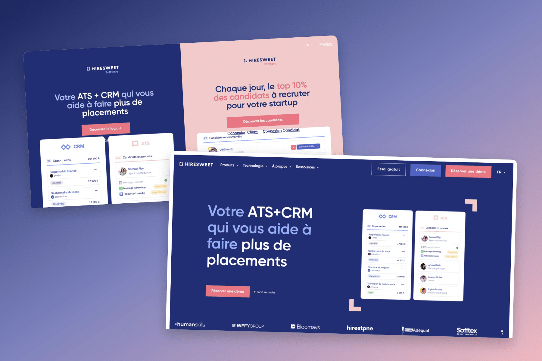 Overlapping HireSweet Home and Software pages showing its ATS, CRM, and recruiting products