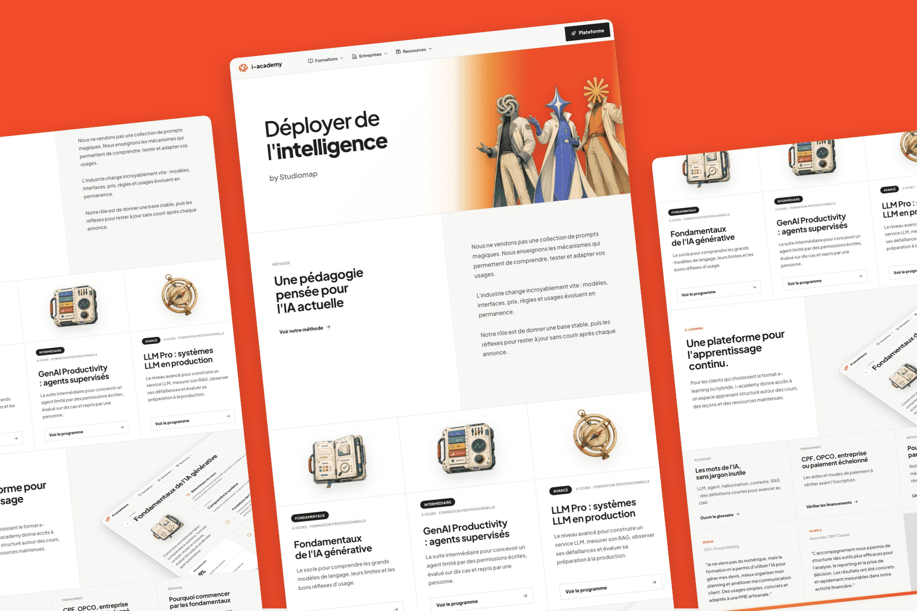 Three angled I-Academy pages showing training programs, the course platform, and learning resources