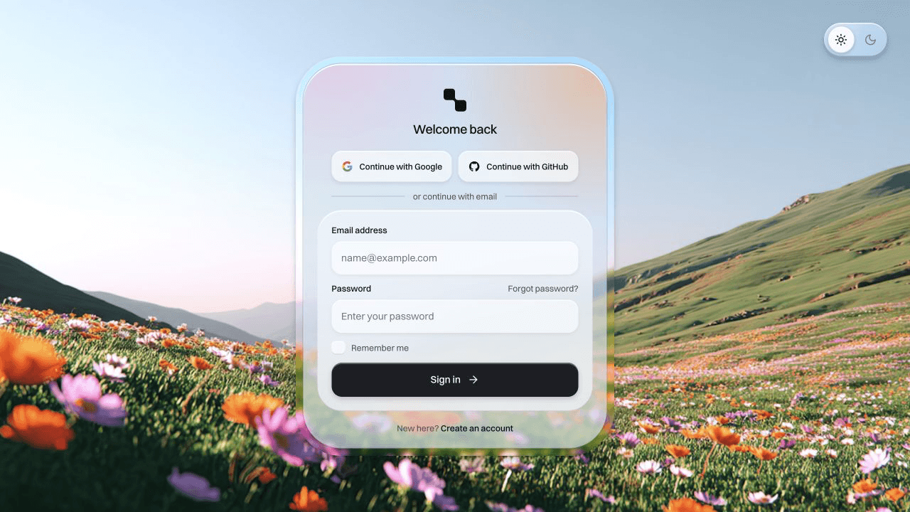 A liquid-glass login panel over a bright wildflower valley