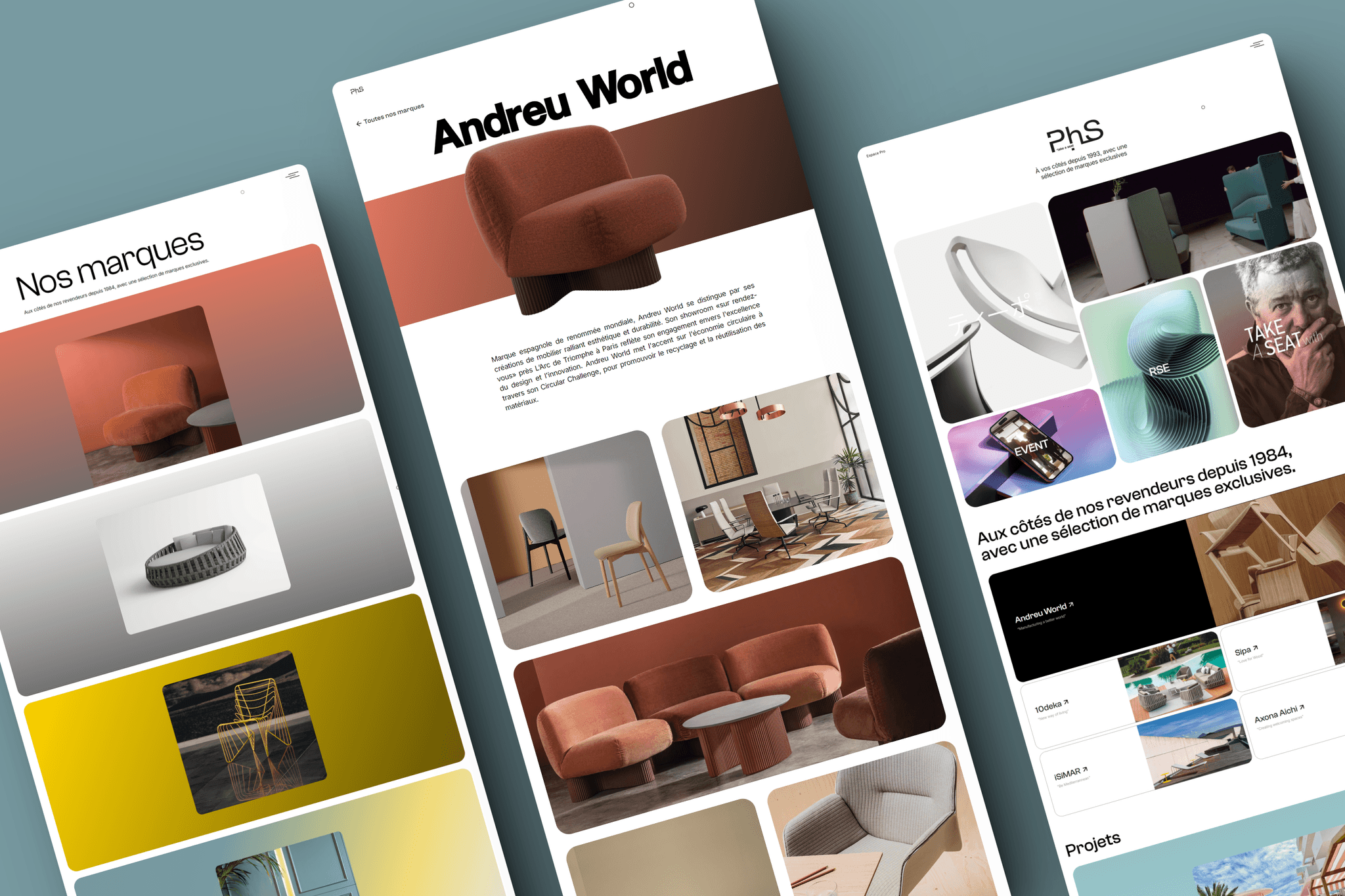 PHS Mobilier website compositions featuring designer furniture