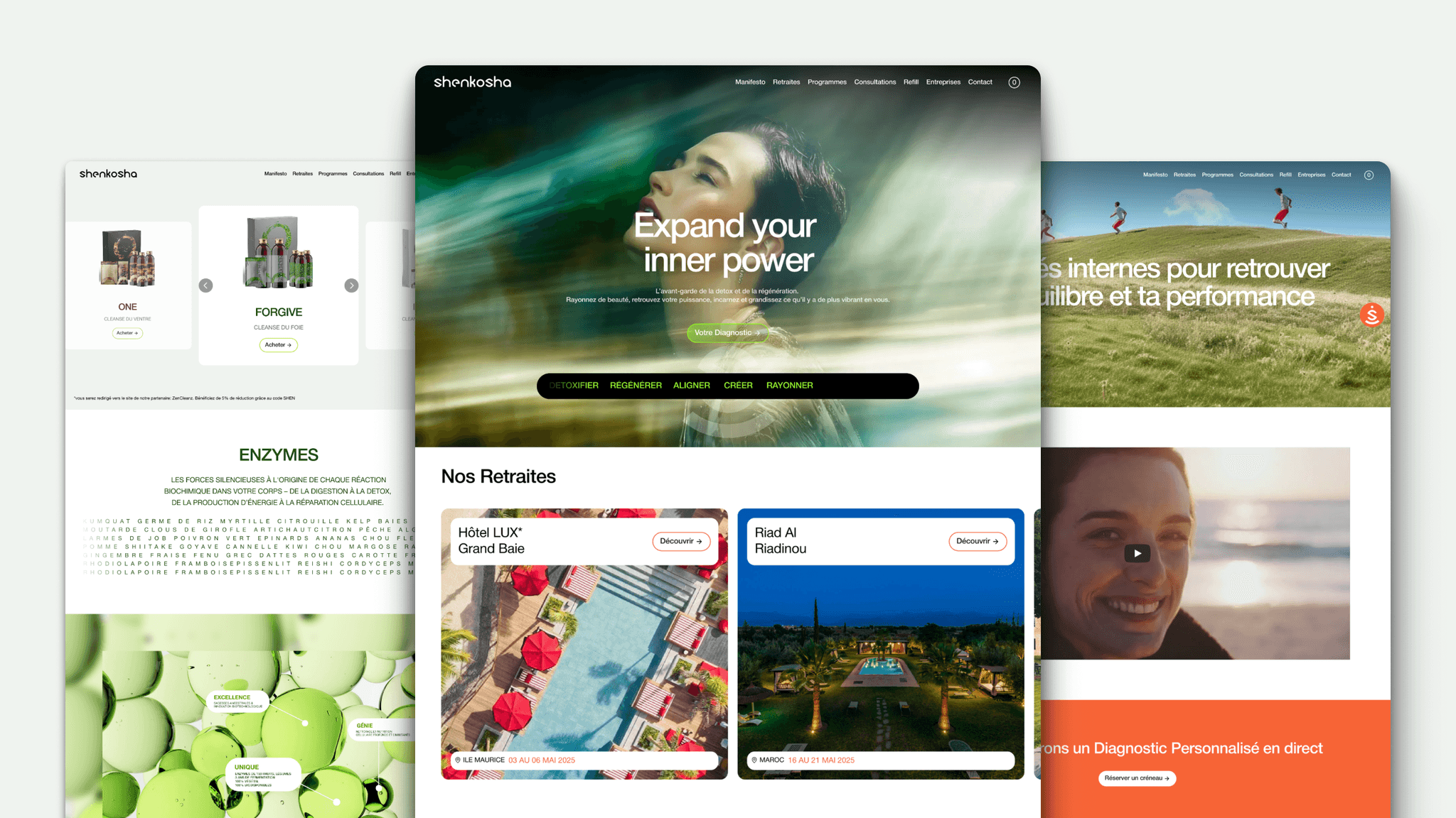 Shenkosha retreat, product, and editorial website compositions